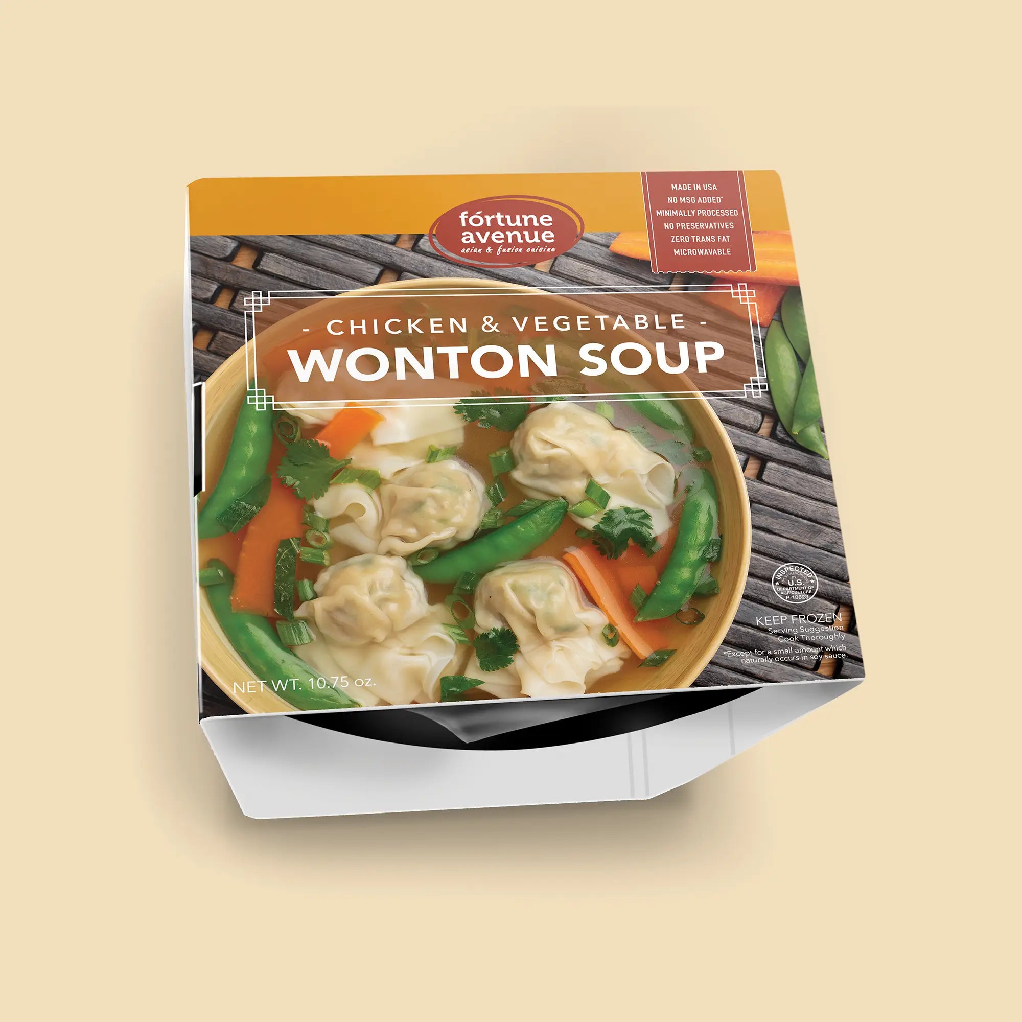 Packaging for Fortune Avenue Chicken & Vegetable Wonton Soup, displaying a bowl of soup filled with wontons, carrots, snap peas, and fresh herbs on the front label.
