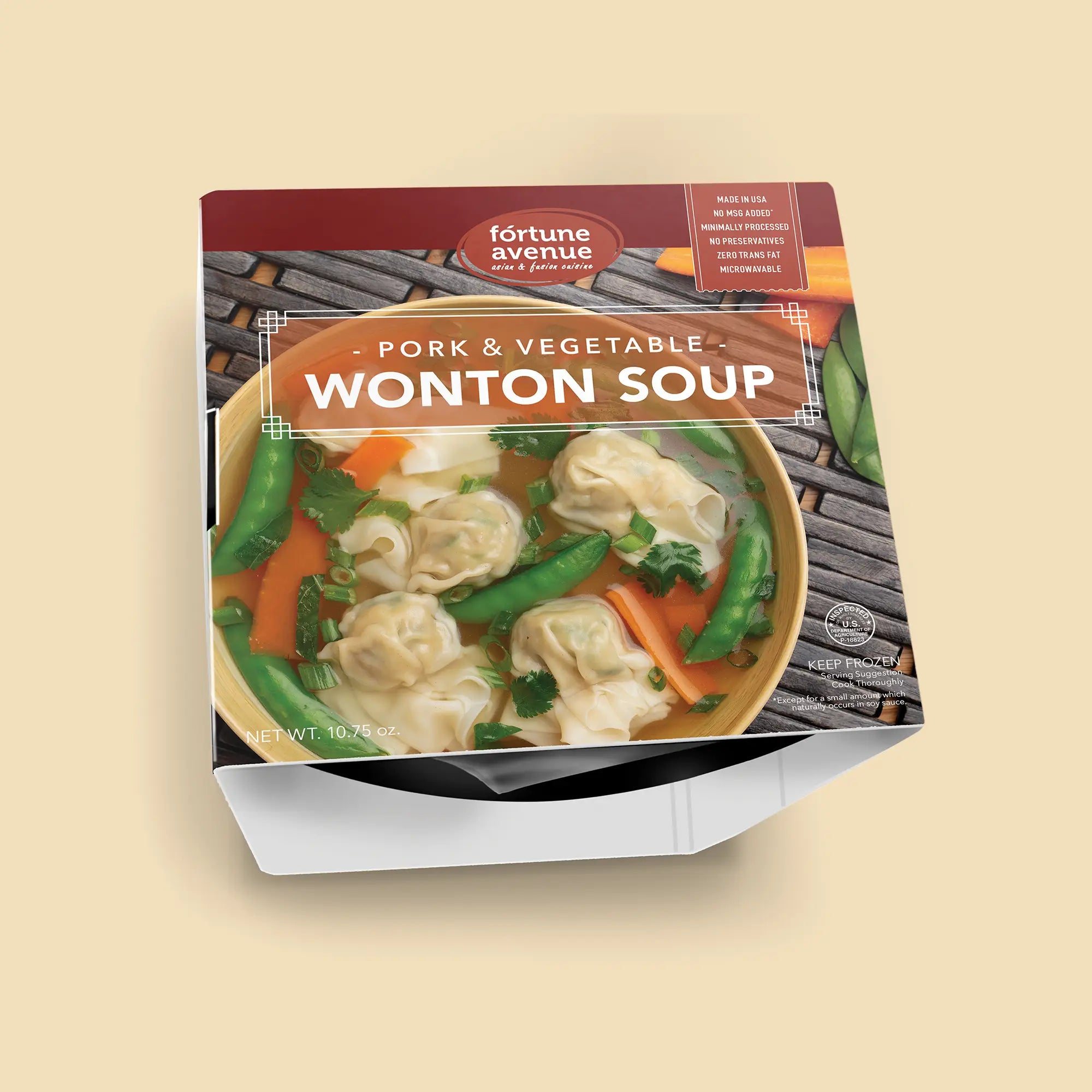 Packaging for Fortune Avenue Pork & Vegetable Wonton Soup, displaying a bowl of soup filled with wontons, carrots, snap peas, and fresh herbs on the front label.
