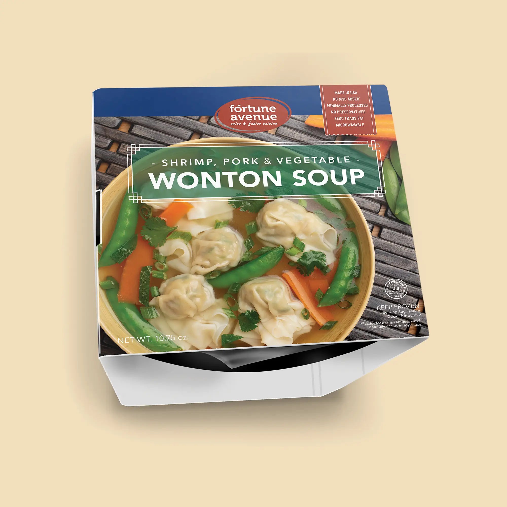Packaging for Fortune Avenue Shrimp, Pork & Vegetable Wonton Soup, featuring a bowl of wonton soup with snap peas, carrots, and cilantro on the front label.
