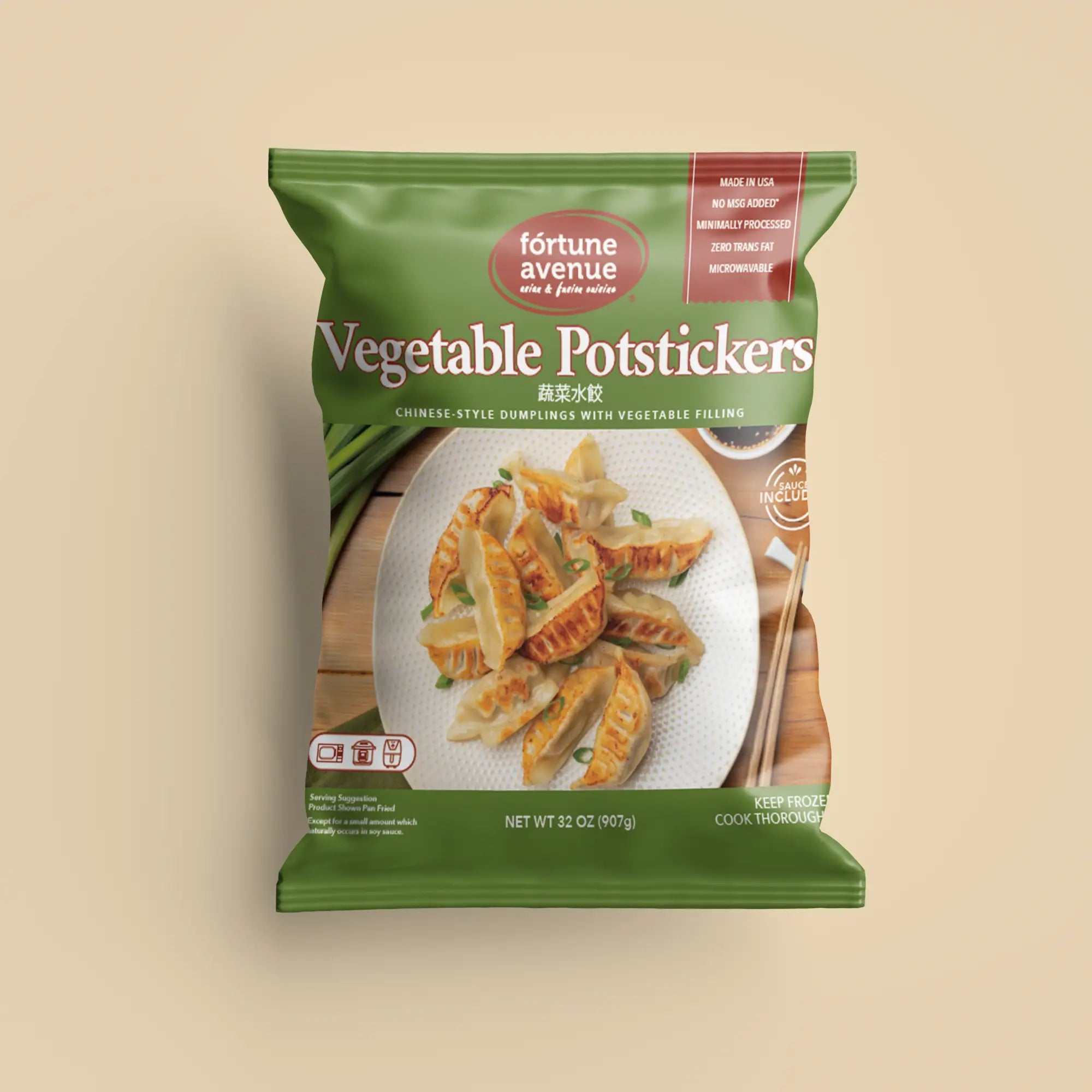 Packaging for Fortune Avenue Vegetable Potstickers, showing a plate of golden-brown dumplings garnished with green onions, labeled in English and Chinese with icons for cooking methods and product features.