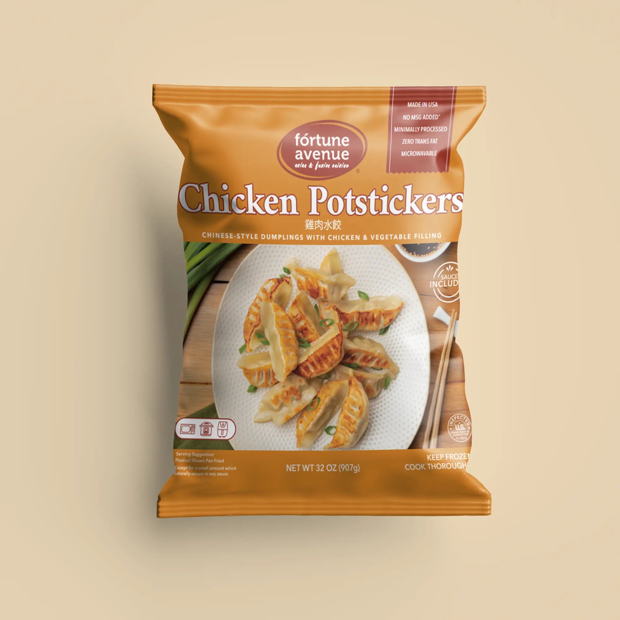 Packaging for Fortune Avenue Chicken Potstickers, showing a plate of golden-brown dumplings garnished with green onions, labeled in English and Chinese with icons for cooking methods and product features.