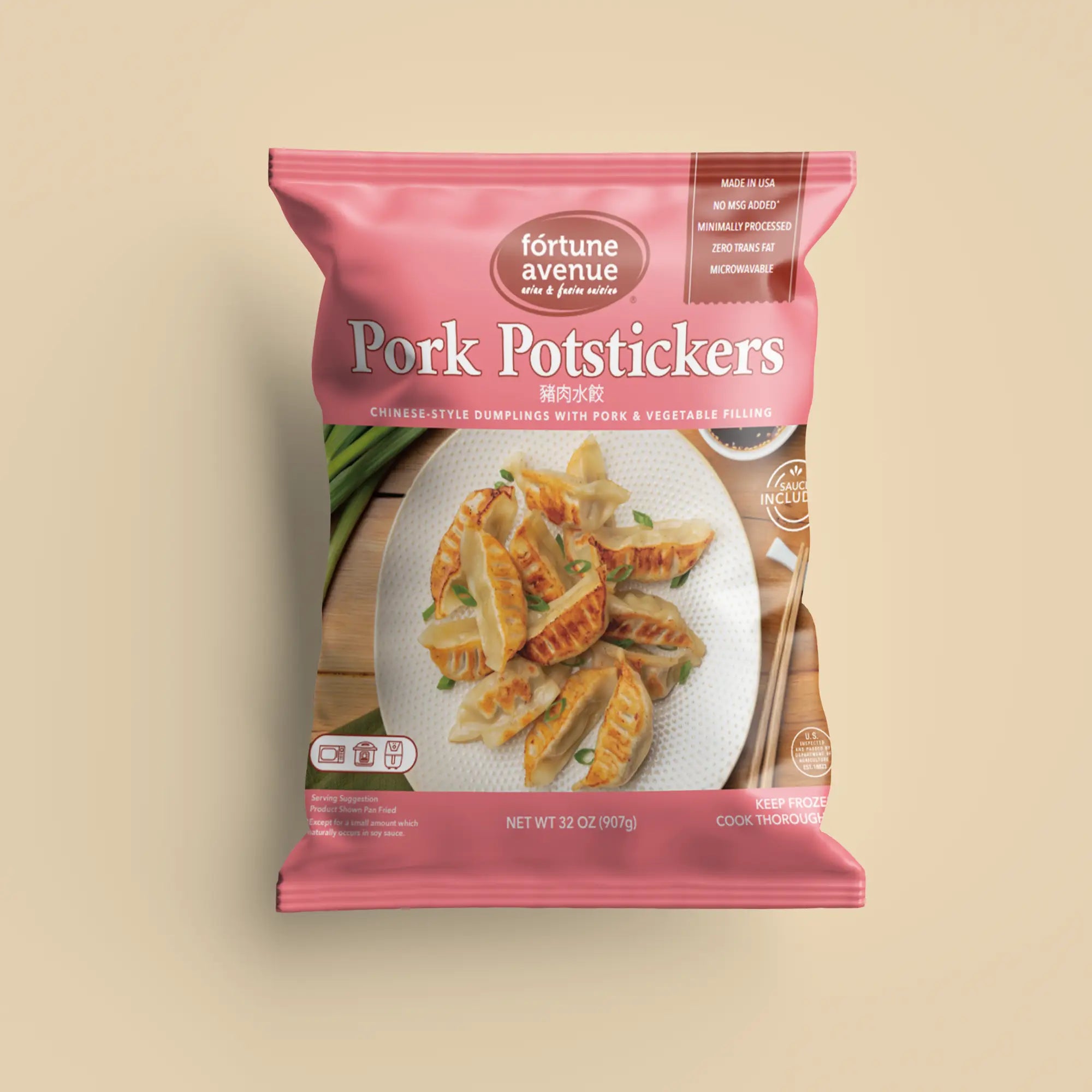 Packaging for Fortune Avenue Pork Potstickers, showing a plate of golden-brown dumplings garnished with green onions, labeled in English and Chinese with icons for cooking methods and product features.