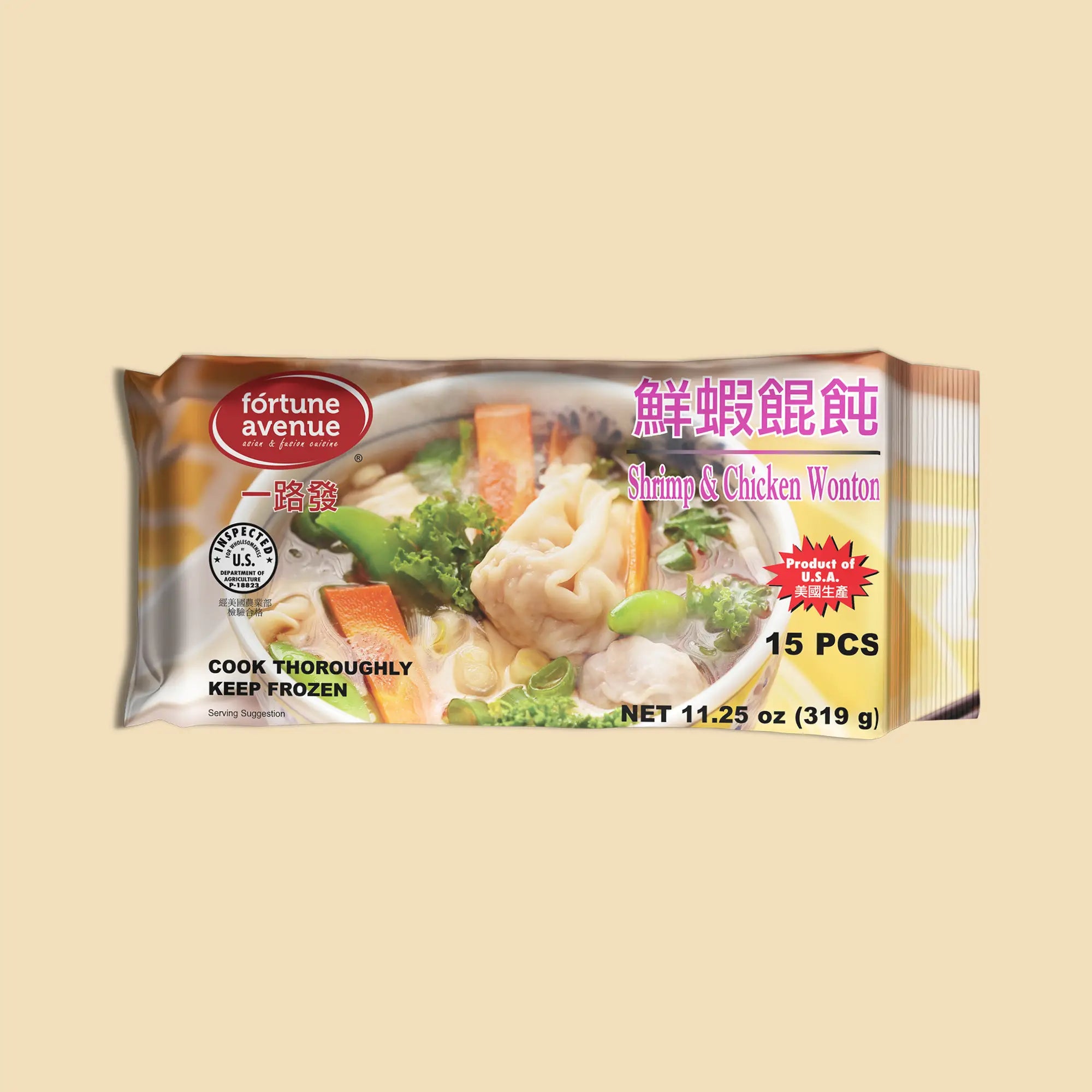 Packaging for Fortune Avenue Shrimp & Chicken Wonton, featuring a close-up of wontons in broth with vegetables like carrots, kale, and edamame, labeled in English and Chinese.