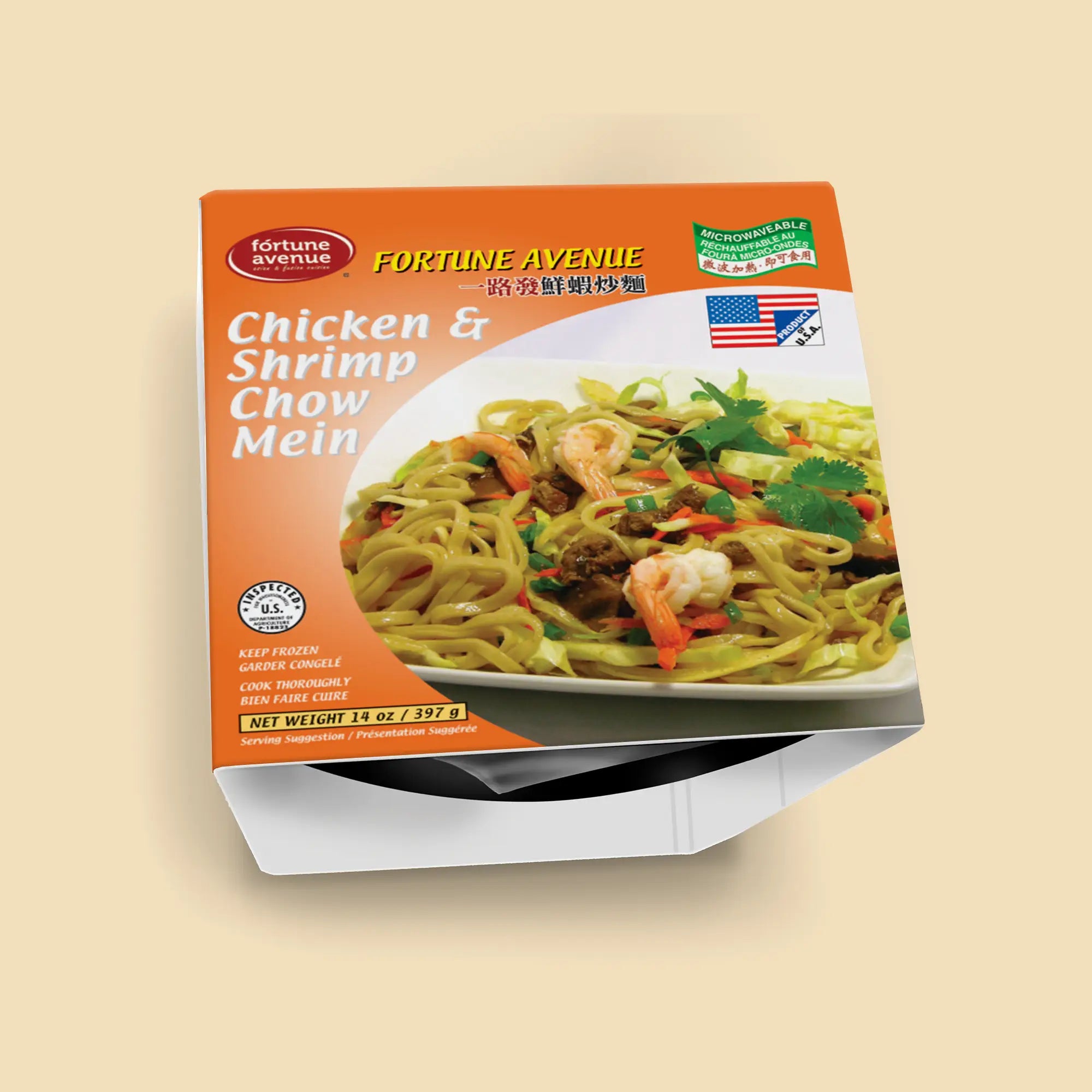 Packaging for Fortune Avenue Chicken & Shrimp Chow Mein, featuring a plate of stir-fried noodles with shrimp, chicken, cabbage, and vegetables, labeled in English and Chinese.