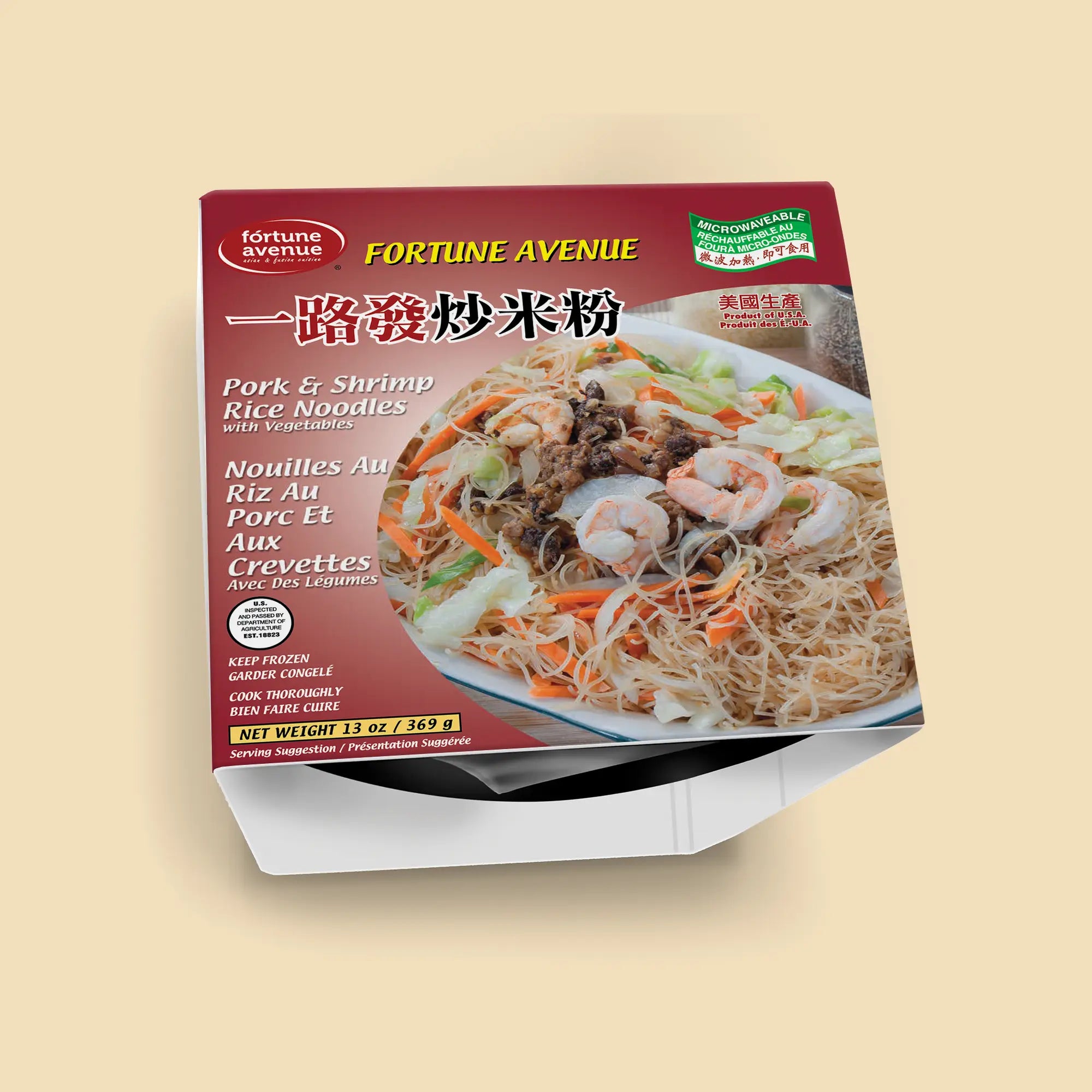 Packaging for Fortune Avenue Pork & Shrimp Rice Noodles with Vegetables, featuring a dish of stir-fried vermicelli noodles with shrimp, pork, cabbage, and carrots, labeled in English, Chinese, and French.