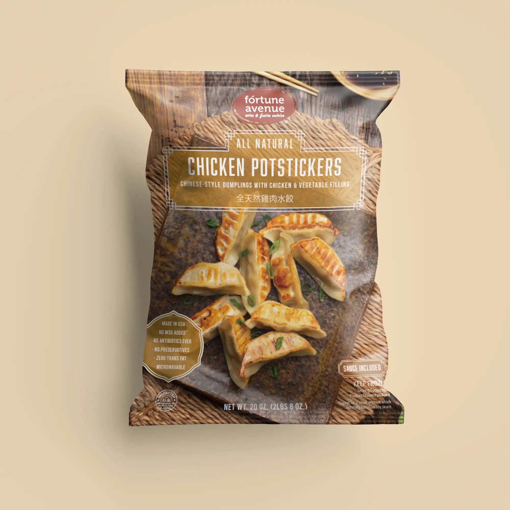 Packaging for Fortune Avenue All Natural Chicken Potstickers, featuring an image of golden-brown pan-fried dumplings with green onion garnish, labeled with product benefits like no MSG, no preservatives, and microwavable.