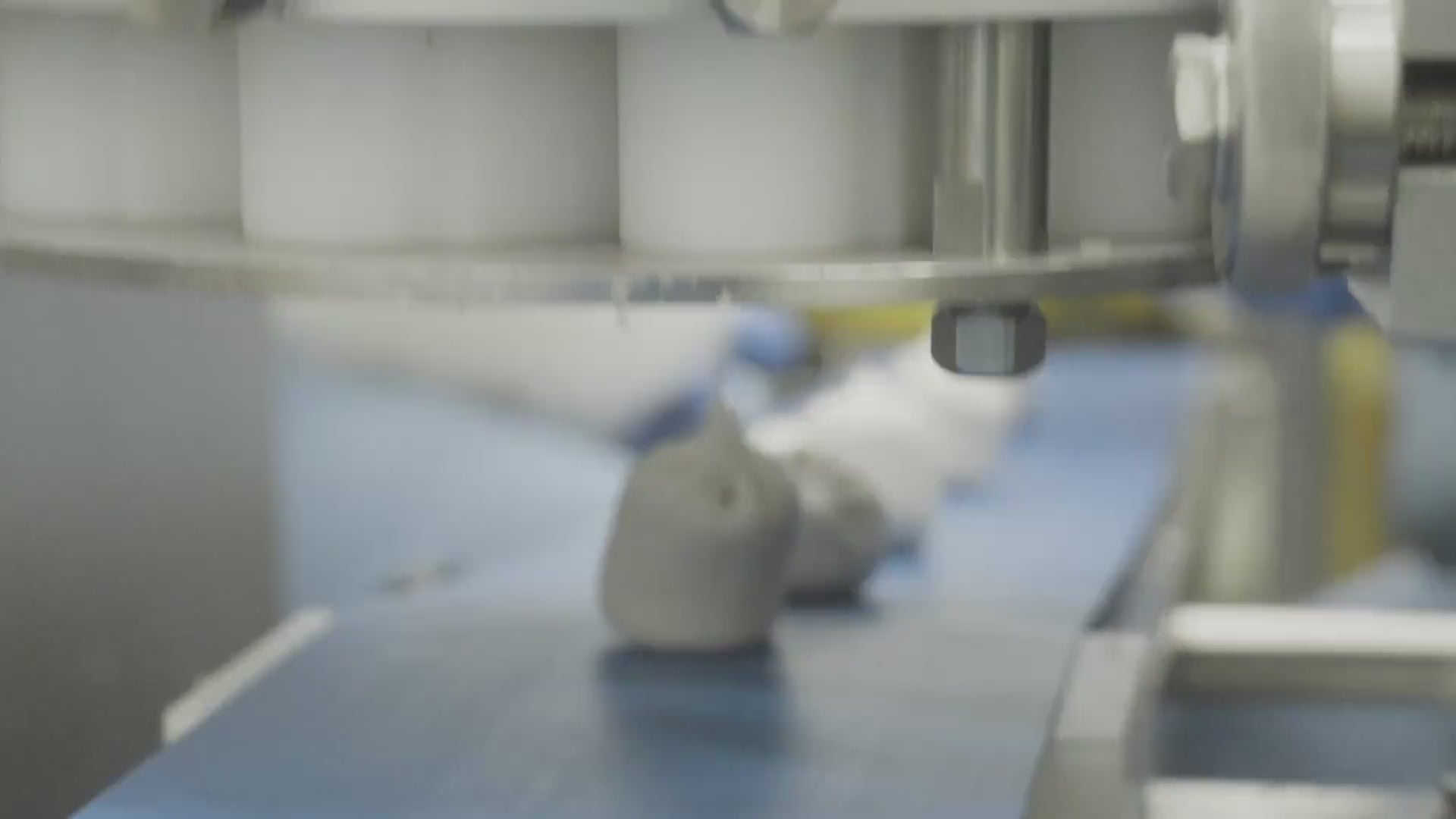 Close-up of freshly formed Soup Dumplings on a conveyor belt, moving through an automated system in a food manufacturing facility.
